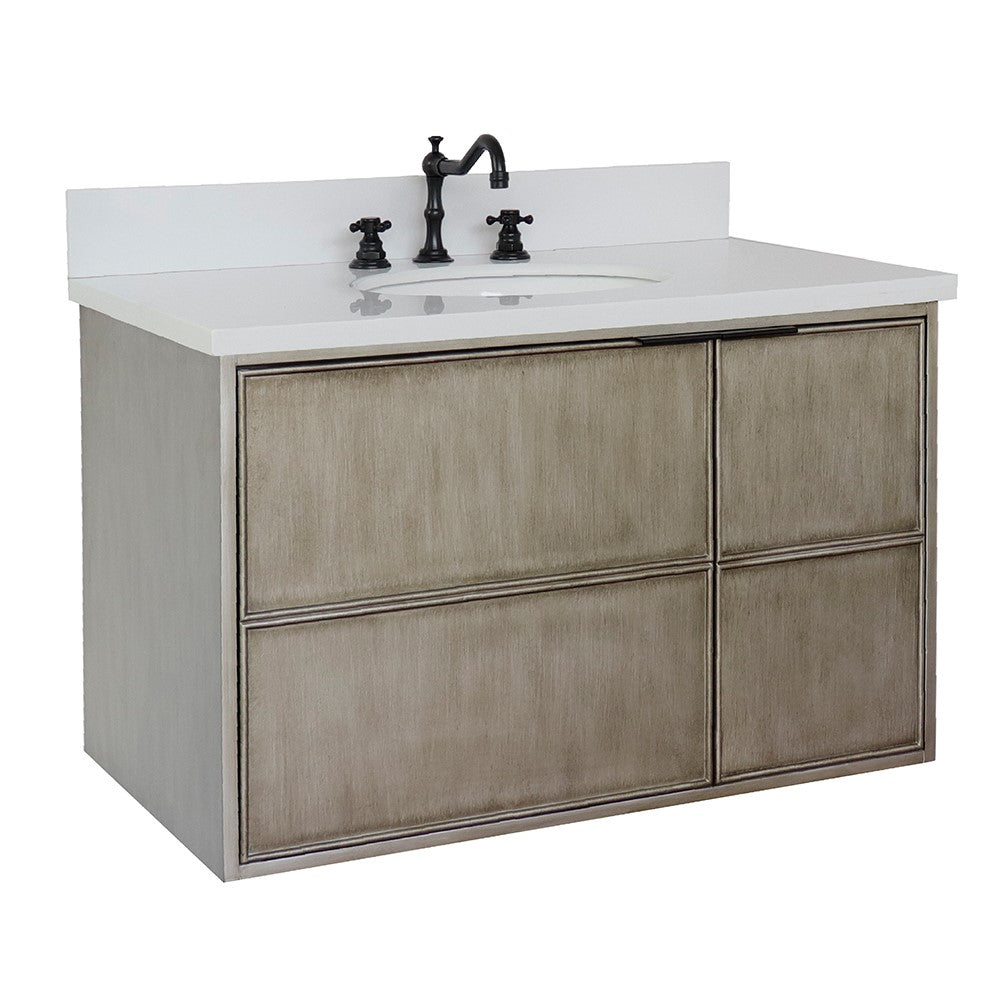 Bellaterra 37" Single Wall Mount Vanity in Linen Brown Finish with Counter Top and Sink 400500-CAB-LN, White Quartz / Oval, Front