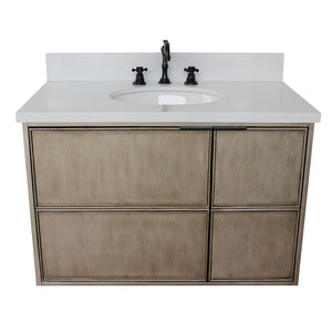 Bellaterra 37" Single Wall Mount Vanity in Linen Brown Finish with Counter Top and Sink 400500-CAB-LN, White Quartz / Oval, Front