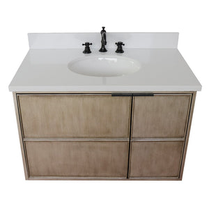 Bellaterra 37" Single Wall Mount Vanity in Linen Brown Finish with Counter Top and Sink 400500-CAB-LN, White Quartz / Oval, Top Front