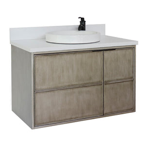 Bellaterra 37" Single Wall Mount Vanity in Linen Brown Finish with Counter Top and Sink 400500-CAB-LN, White Quartz / Round, Front