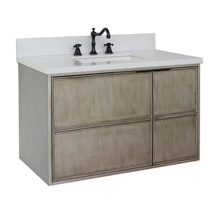 Bellaterra 37" Single Wall Mount Vanity in Linen Brown Finish with Counter Top and Sink 400500-CAB-LN, White Quartz / Rectangle, Front