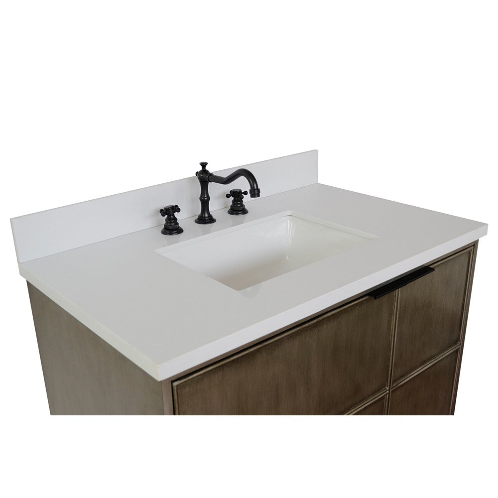 Bellaterra 37" Single Wall Mount Vanity in Linen Brown Finish with Counter Top and Sink 400500-CAB-LN, White Quartz / Rectangle, Top Front