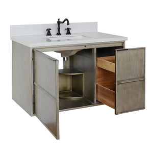 Bellaterra 37" Single Wall Mount Vanity in Linen Brown Finish with Counter Top and Sink 400500-CAB-LN, White Quartz / Rectangle, Open