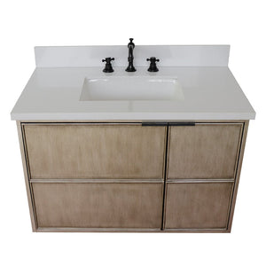 Bellaterra 37" Single Wall Mount Vanity in Linen Brown Finish with Counter Top and Sink 400500-CAB-LN, White Quartz / Rectangle, Top Front