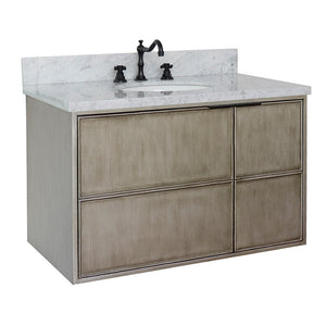 Bellaterra 37" Single Wall Mount Vanity in Linen Brown Finish with Counter Top and Sink 400500-CAB-LN, White Carrara Marble / Oval, Front