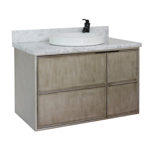 Bellaterra 37" Single Wall Mount Vanity in Linen Brown Finish with Counter Top and Sink 400500-CAB-LN, White Carrara Marble / Round, Front