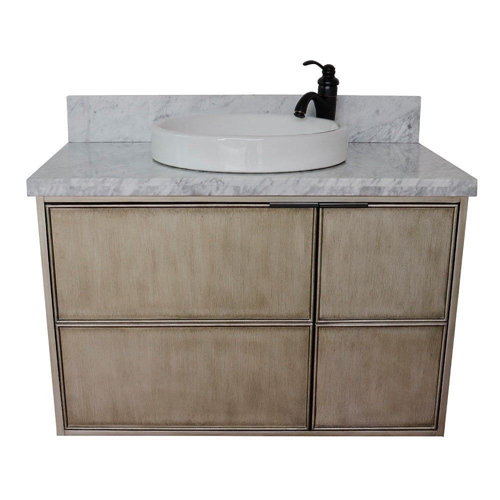 Bellaterra 37" Single Wall Mount Vanity in Linen Brown Finish with Counter Top and Sink 400500-CAB-LN, White Carrara Marble / Round, Front