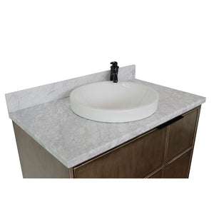 Bellaterra 37" Single Wall Mount Vanity in Linen Brown Finish with Counter Top and Sink 400500-CAB-LN, White Carrara Marble / Round, Basin