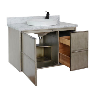 Bellaterra 37" Single Wall Mount Vanity in Linen Brown Finish with Counter Top and Sink 400500-CAB-LN, White Carrara Marble / Round, Open
