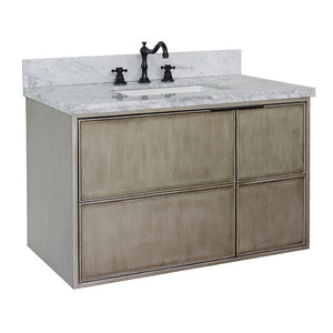 Bellaterra 37" Single Wall Mount Vanity in Linen Brown Finish with Counter Top and Sink 400500-CAB-LN, White Carrara Marble / Rectangle, Front