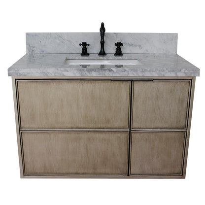 Bellaterra 37" Single Wall Mount Vanity in Linen Brown Finish with Counter Top and Sink 400500-CAB-LN, White Carrara Marble / Rectangle, Front