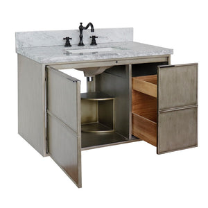 Bellaterra 37" Single Wall Mount Vanity in Linen Brown Finish with Counter Top and Sink 400500-CAB-LN, White Carrara Marble / Rectangle, Open
