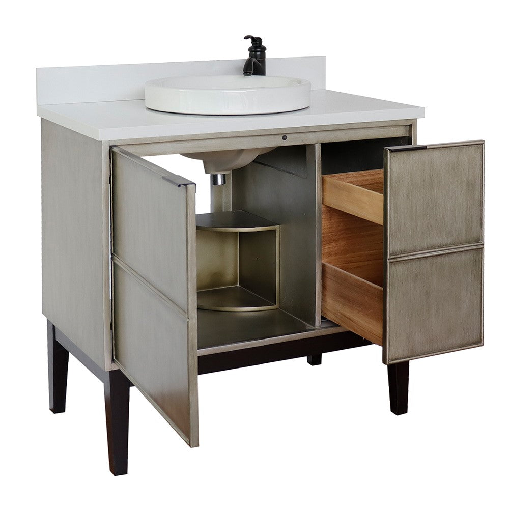 Bellaterra 37" Single Vanity in Linen Brown Finish with Counter Top and Sink 400500-LN, White Quartz / Round, Open