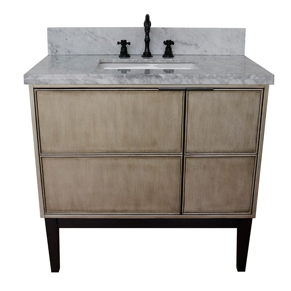 Bellaterra 37" Single Vanity in Linen Brown Finish with Counter Top and Sink 400500-LN, White Carrara Marble / Rectangle, Front