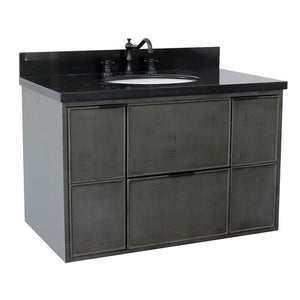 Bellaterra 37" Single Wall Mount Vanity in Linen Gray Finish with Counter Top and Sink 400501-CAB-LY, Black Galaxy / Oval, Front