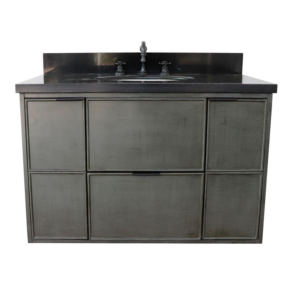 Bellaterra 37" Single Wall Mount Vanity in Linen Gray Finish with Counter Top and Sink 400501-CAB-LY, Black Galaxy / Oval, Front