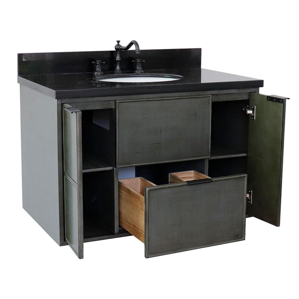 Bellaterra 37" Single Wall Mount Vanity in Linen Gray Finish with Counter Top and Sink 400501-CAB-LY, Black Galaxy / Oval, Open 