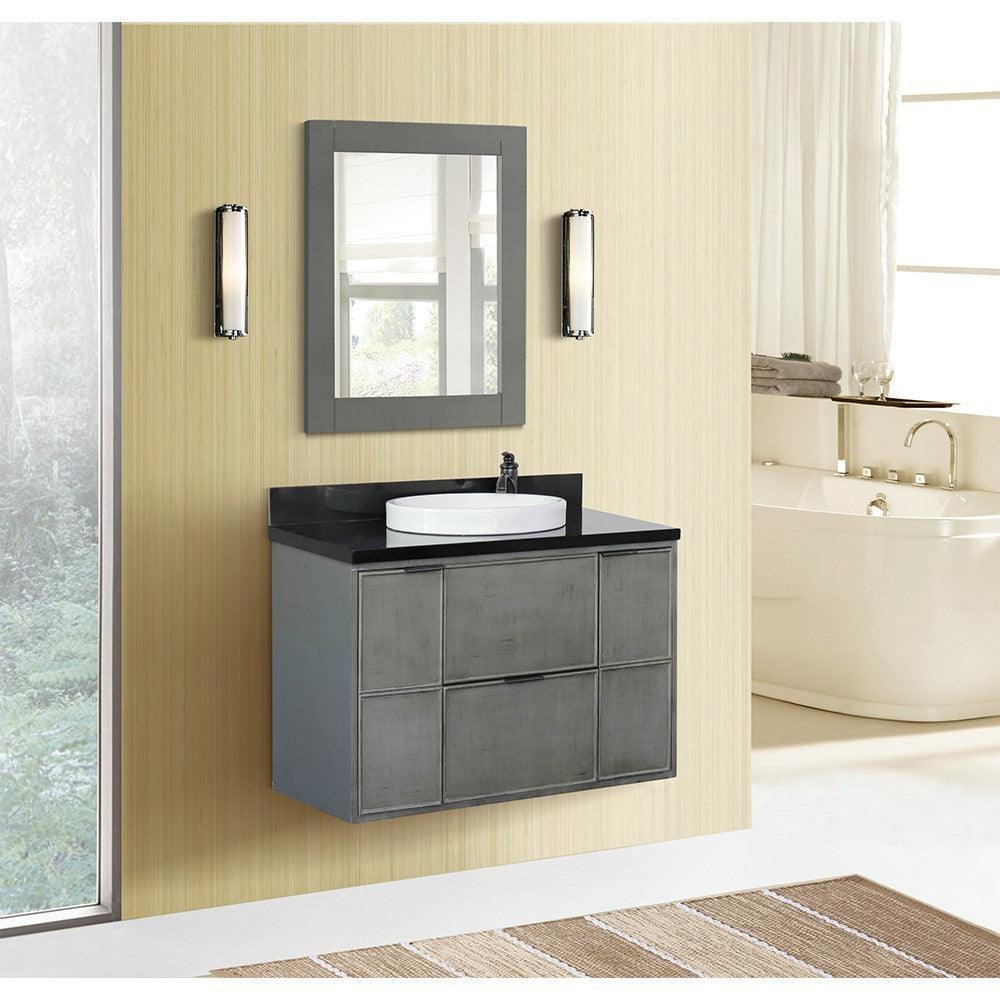 Bellaterra 37" Single Wall Mount Vanity in Linen Gray Finish with Counter Top and Sink 400501-CAB-LY, Black Galaxy / Round, Front