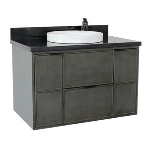Bellaterra 37" Single Wall Mount Vanity in Linen Gray Finish with Counter Top and Sink 400501-CAB-LY, Black Galaxy / Round, Front