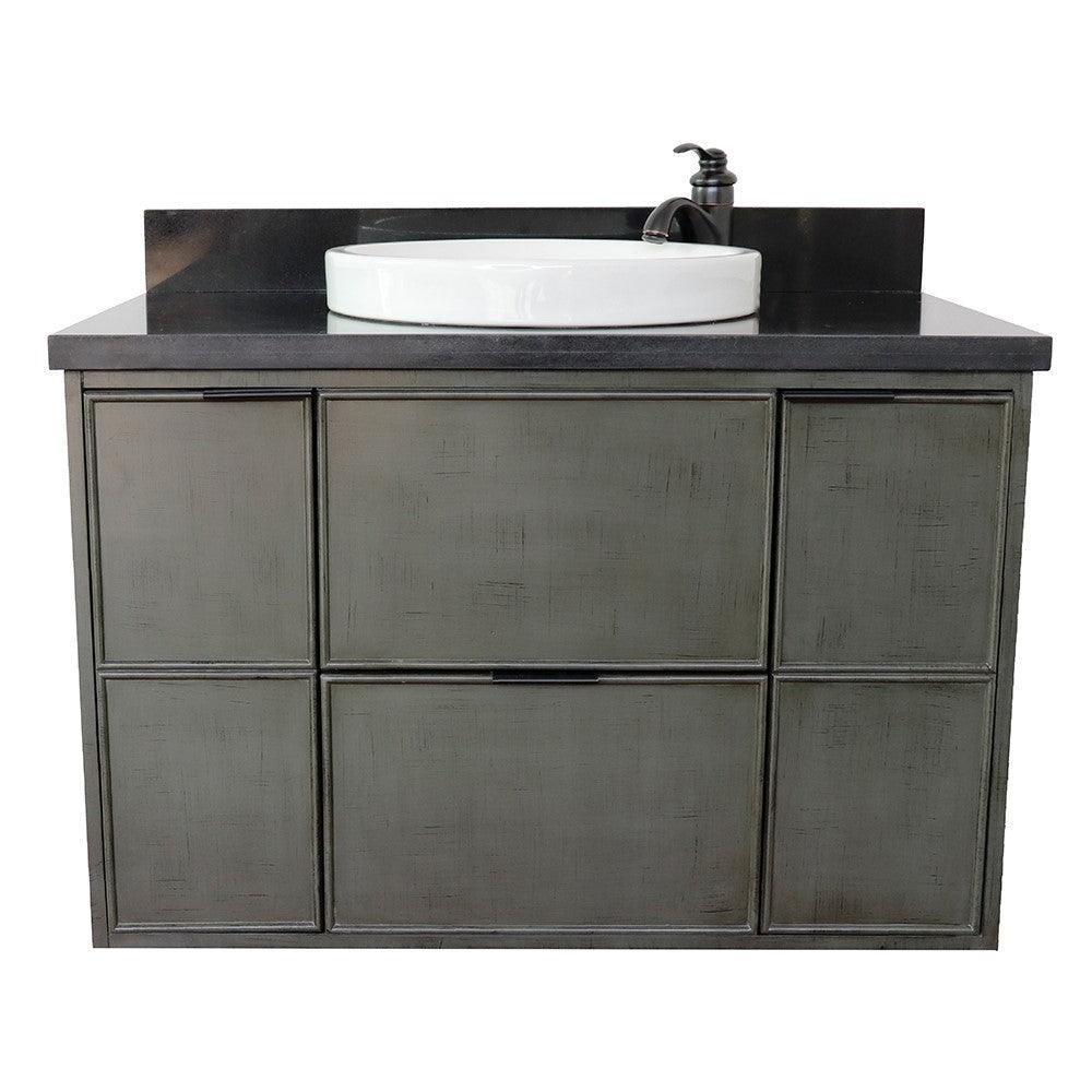 Bellaterra 37" Single Wall Mount Vanity in Linen Gray Finish with Counter Top and Sink 400501-CAB-LY, Black Galaxy / Round, Front