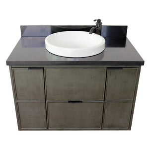 Bellaterra 37" Single Wall Mount Vanity in Linen Gray Finish with Counter Top and Sink 400501-CAB-LY, Black Galaxy / Round, Front Top