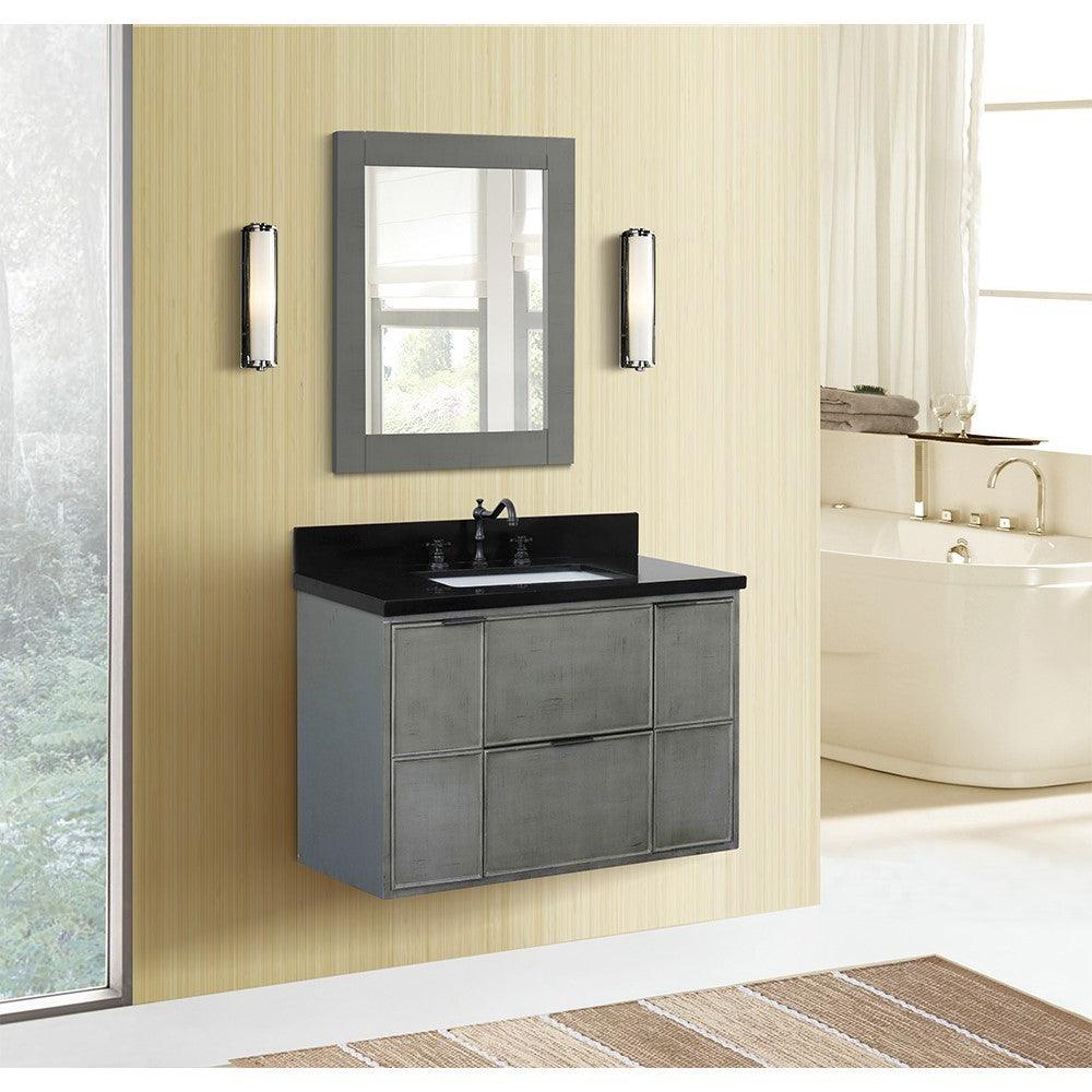 Bellaterra 37" Single Wall Mount Vanity in Linen Gray Finish with Counter Top and Sink 400501-CAB-LY, Black Galaxy / Rectangle, Front