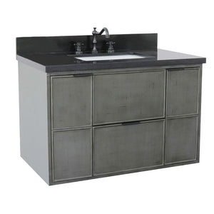 Bellaterra 37" Single Wall Mount Vanity in Linen Gray Finish with Counter Top and Sink 400501-CAB-LY, Black Galaxy / Rectangle, Front