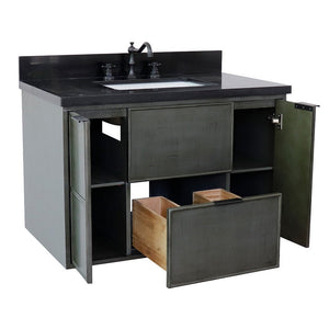 Bellaterra 37" Single Wall Mount Vanity in Linen Gray Finish with Counter Top and Sink 400501-CAB-LY, Black Galaxy / Rectangle, Open 