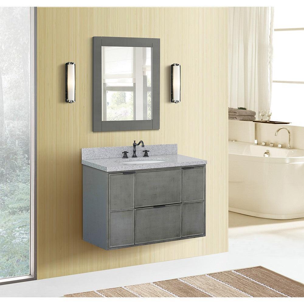 Bellaterra 37" Single Wall Mount Vanity in Linen Gray Finish with Counter Top and Sink 400501-CAB-LY, Gray Granite / Oval, Front