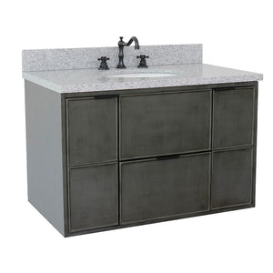 Bellaterra 37" Single Wall Mount Vanity in Linen Gray Finish with Counter Top and Sink 400501-CAB-LY, Gray Granite / Oval, Front