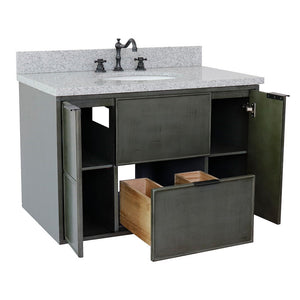 Bellaterra 37" Single Wall Mount Vanity in Linen Gray Finish with Counter Top and Sink 400501-CAB-LY, Gray Granite / Oval, Open