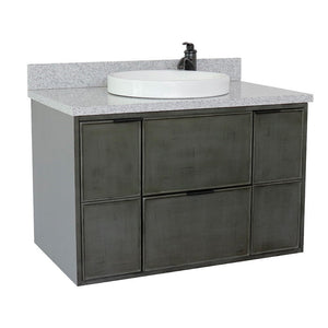 Bellaterra 37" Single Wall Mount Vanity in Linen Gray Finish with Counter Top and Sink 400501-CAB-LY, Gray Granite / Round, Front