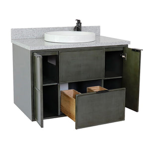 Bellaterra 37" Single Wall Mount Vanity in Linen Gray Finish with Counter Top and Sink 400501-CAB-LY, Gray Granite / Round, Open