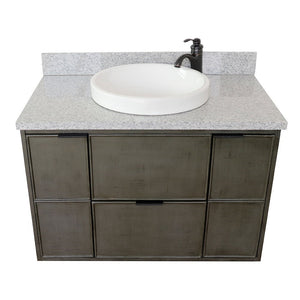 Bellaterra 37" Single Wall Mount Vanity in Linen Gray Finish with Counter Top and Sink 400501-CAB-LY, Gray Granite / Round, Top Front