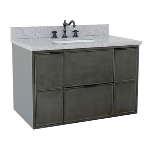 Bellaterra 37" Single Wall Mount Vanity in Linen Gray Finish with Counter Top and Sink 400501-CAB-LY, Gray Granite / Rectangle, Front