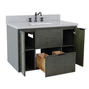 Bellaterra 37" Single Wall Mount Vanity in Linen Gray Finish with Counter Top and Sink 400501-CAB-LY, Gray Granite / Rectangle, Open