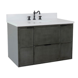 Bellaterra 37" Single Wall Mount Vanity in Linen Gray Finish with Counter Top and Sink 400501-CAB-LY, White Quartz / Oval, Front