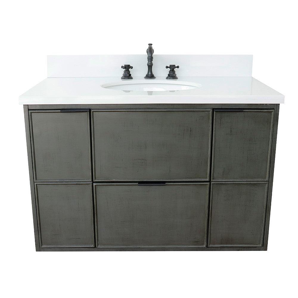 Bellaterra 37" Single Wall Mount Vanity in Linen Gray Finish with Counter Top and Sink 400501-CAB-LY, White Quartz / Oval, Front