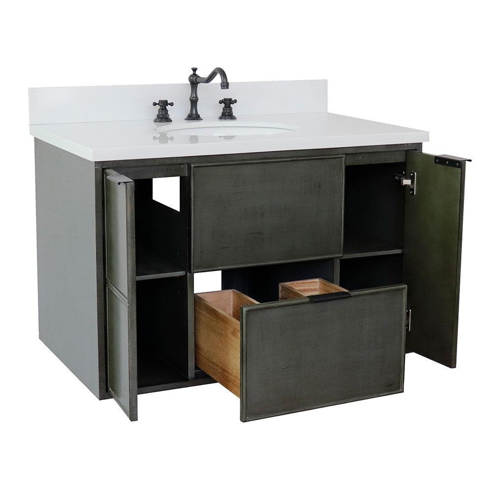 Bellaterra 37" Single Wall Mount Vanity in Linen Gray Finish with Counter Top and Sink 400501-CAB-LY, White Quartz / Oval, Open