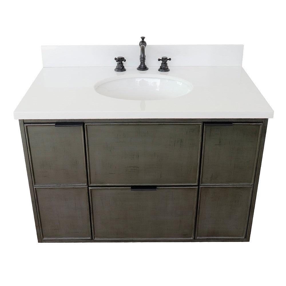 Bellaterra 37" Single Wall Mount Vanity in Linen Gray Finish with Counter Top and Sink 400501-CAB-LY, White Quartz / Oval, Top Front