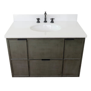 Bellaterra 37" Single Wall Mount Vanity in Linen Gray Finish with Counter Top and Sink 400501-CAB-LY, White Quartz / Oval, Top Front
