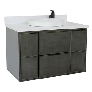 Bellaterra 37" Single Wall Mount Vanity in Linen Gray Finish with Counter Top and Sink 400501-CAB-LY, White Quartz / Round, Front