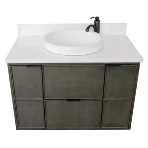 Bellaterra 37" Single Wall Mount Vanity in Linen Gray Finish with Counter Top and Sink 400501-CAB-LY, White Quartz / Round, Top Front