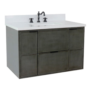 Bellaterra 37" Single Wall Mount Vanity in Linen Gray Finish with Counter Top and Sink 400501-CAB-LY, White Quartz / Rectangle, Front