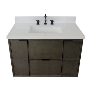 Bellaterra 37" Single Wall Mount Vanity in Linen Gray Finish with Counter Top and Sink 400501-CAB-LY, White Quartz / Rectangle, Top Front
