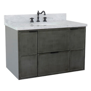 Bellaterra 37" Single Wall Mount Vanity in Linen Gray Finish with Counter Top and Sink 400501-CAB-LY, White Carrara Marble / Oval, Front
