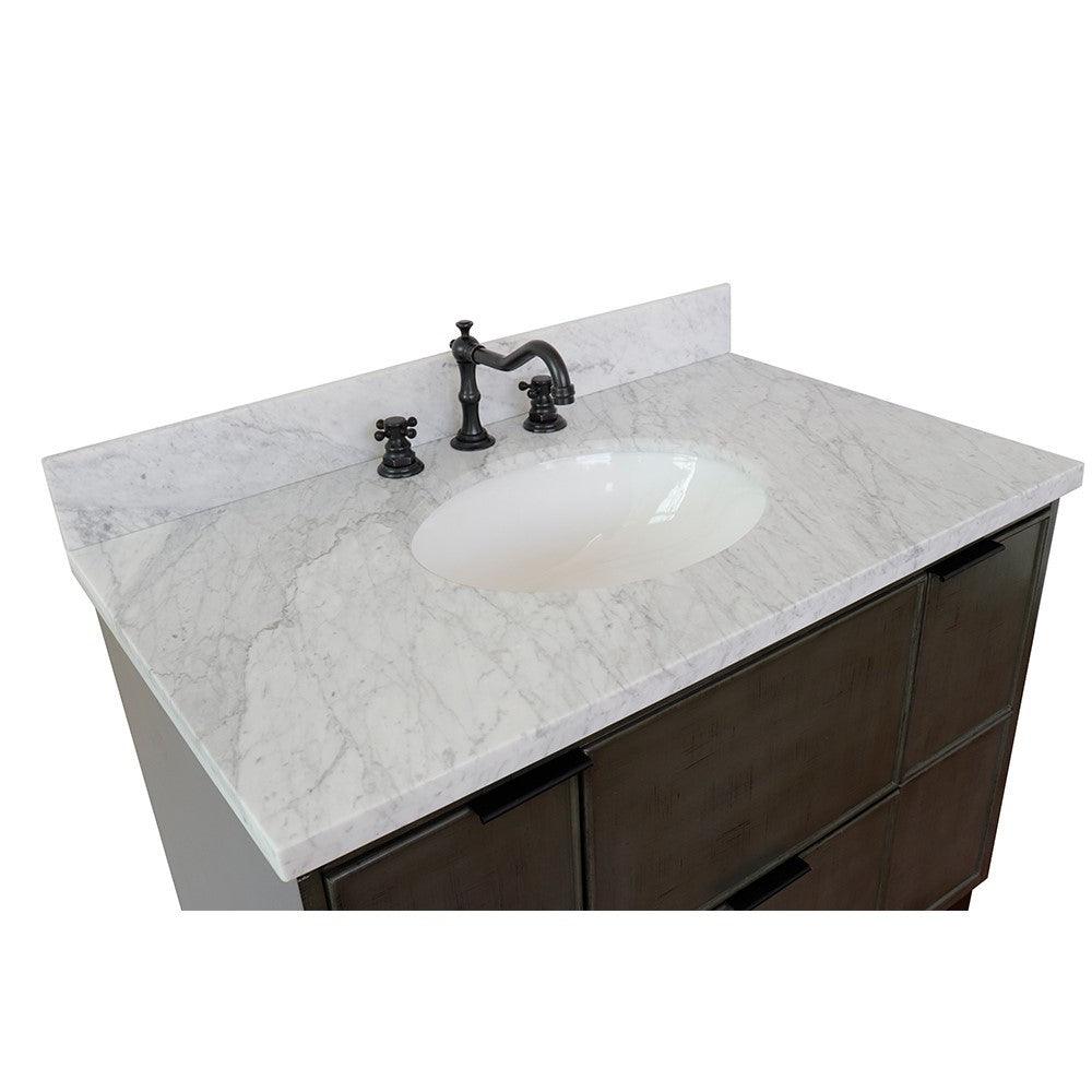 Bellaterra 37" Single Wall Mount Vanity in Linen Gray Finish with Counter Top and Sink 400501-CAB-LY, White Carrara Marble / Oval, Top Front