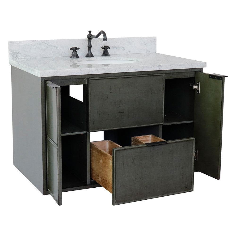 Bellaterra 37" Single Wall Mount Vanity in Linen Gray Finish with Counter Top and Sink 400501-CAB-LY, White Carrara Marble / Oval, Open