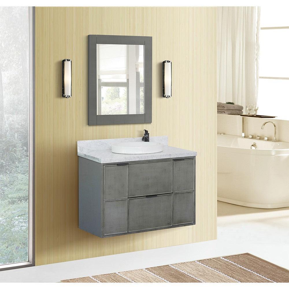 ellaterra 37" Single Wall Mount Vanity in Linen Gray Finish with Counter Top and Sink 400501-CAB-LY, White Carrara Marble / Round, Front