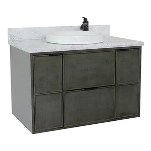 ellaterra 37" Single Wall Mount Vanity in Linen Gray Finish with Counter Top and Sink 400501-CAB-LY, White Carrara Marble / Round, Front